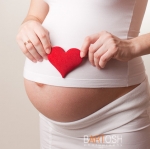 pregnant woman put a toy heart to his stomach